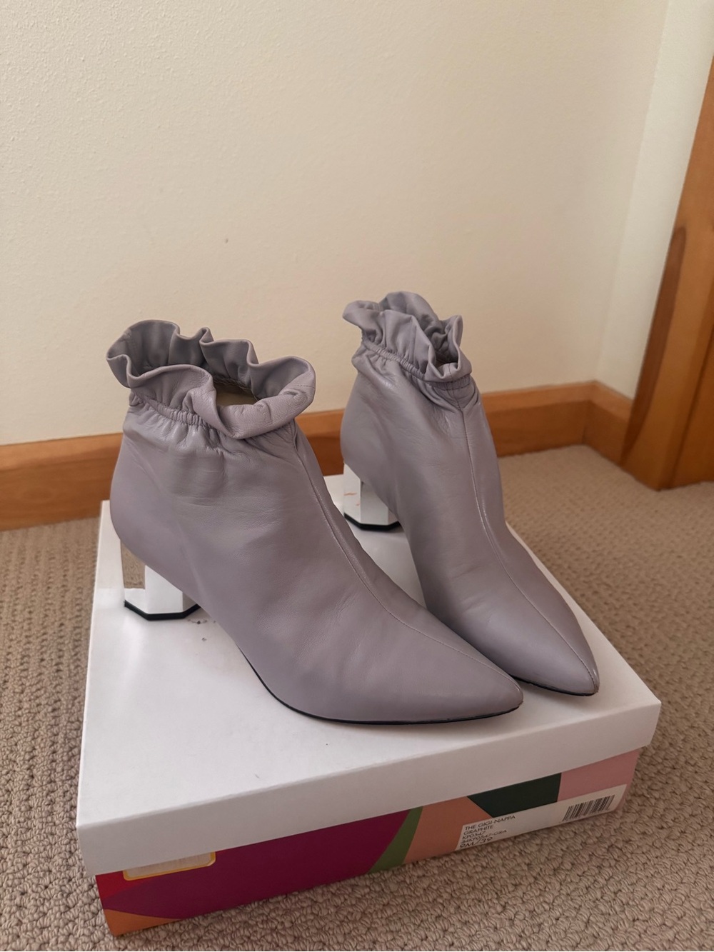Katy Perry Collections Ruffle-Top Pointed Gigi-Napa Booties in Graphite Sz 9